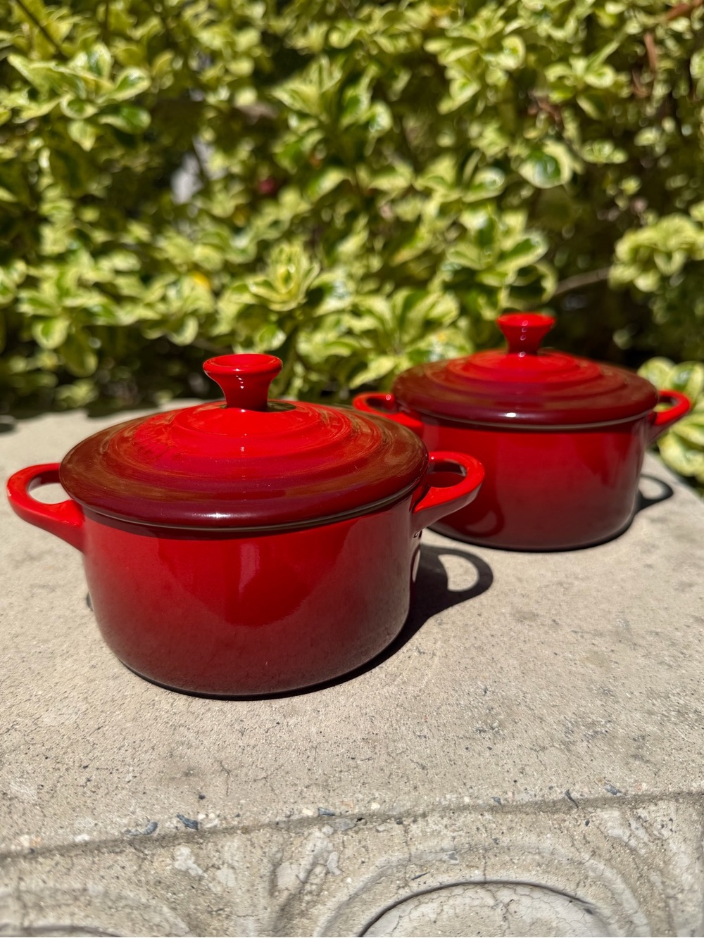 Le Creuset Cherry Red Mini Round Casserole Pots - Pair
